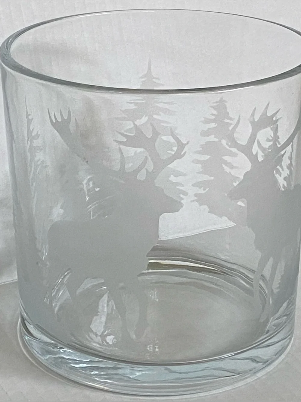 Etched Glass Cylinder Pillar Candle Holder 6” X 6” Vase Woodland Deer Tree EUC